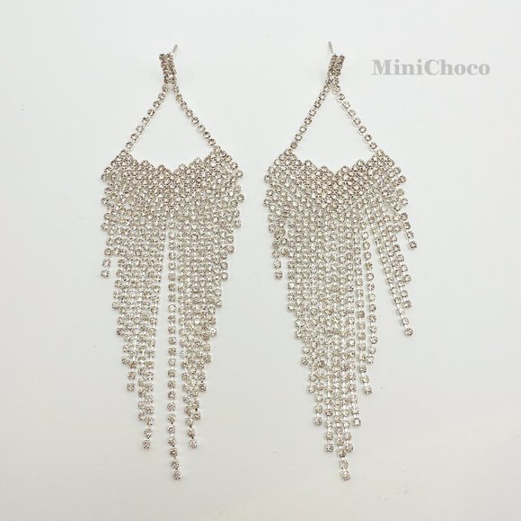 Diamond Shape Forever Fringe Rhinestone Earrings(Silver Tone) - Picture 5 of 7